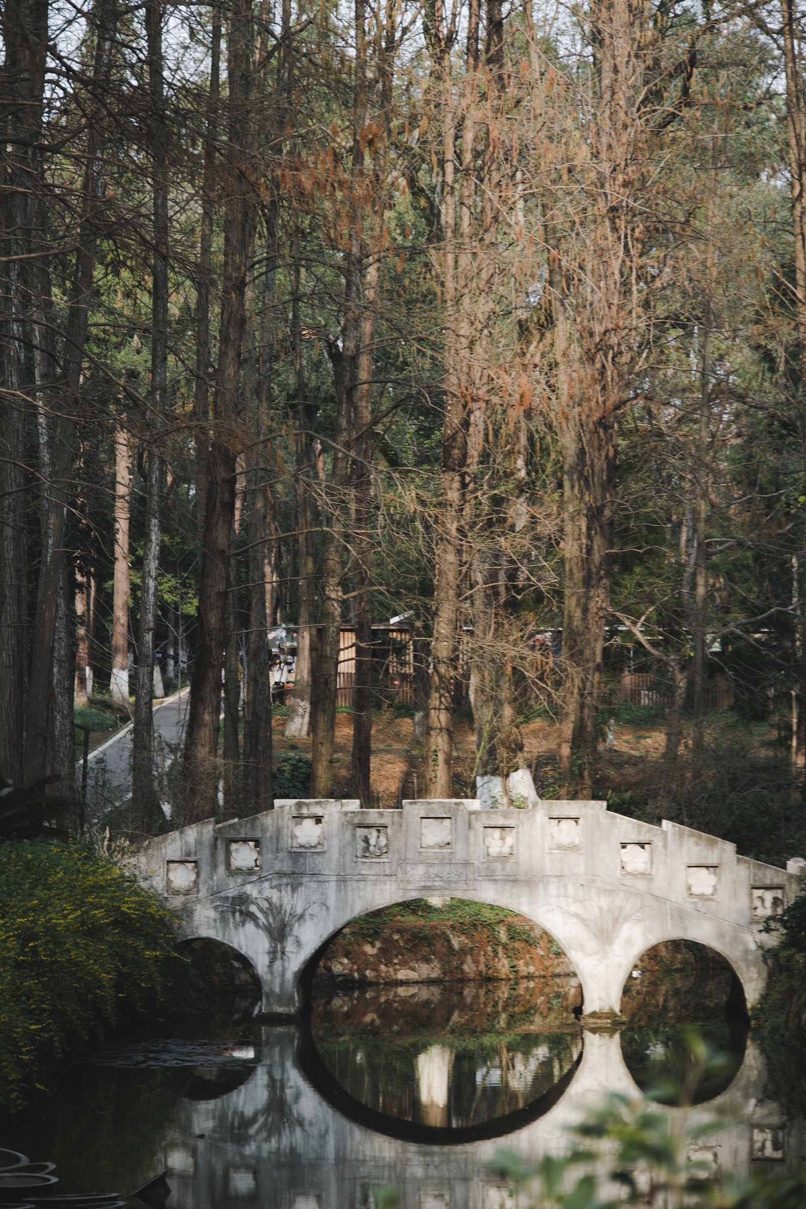 A white stone bridge reflected in still water with tall trees in the background.